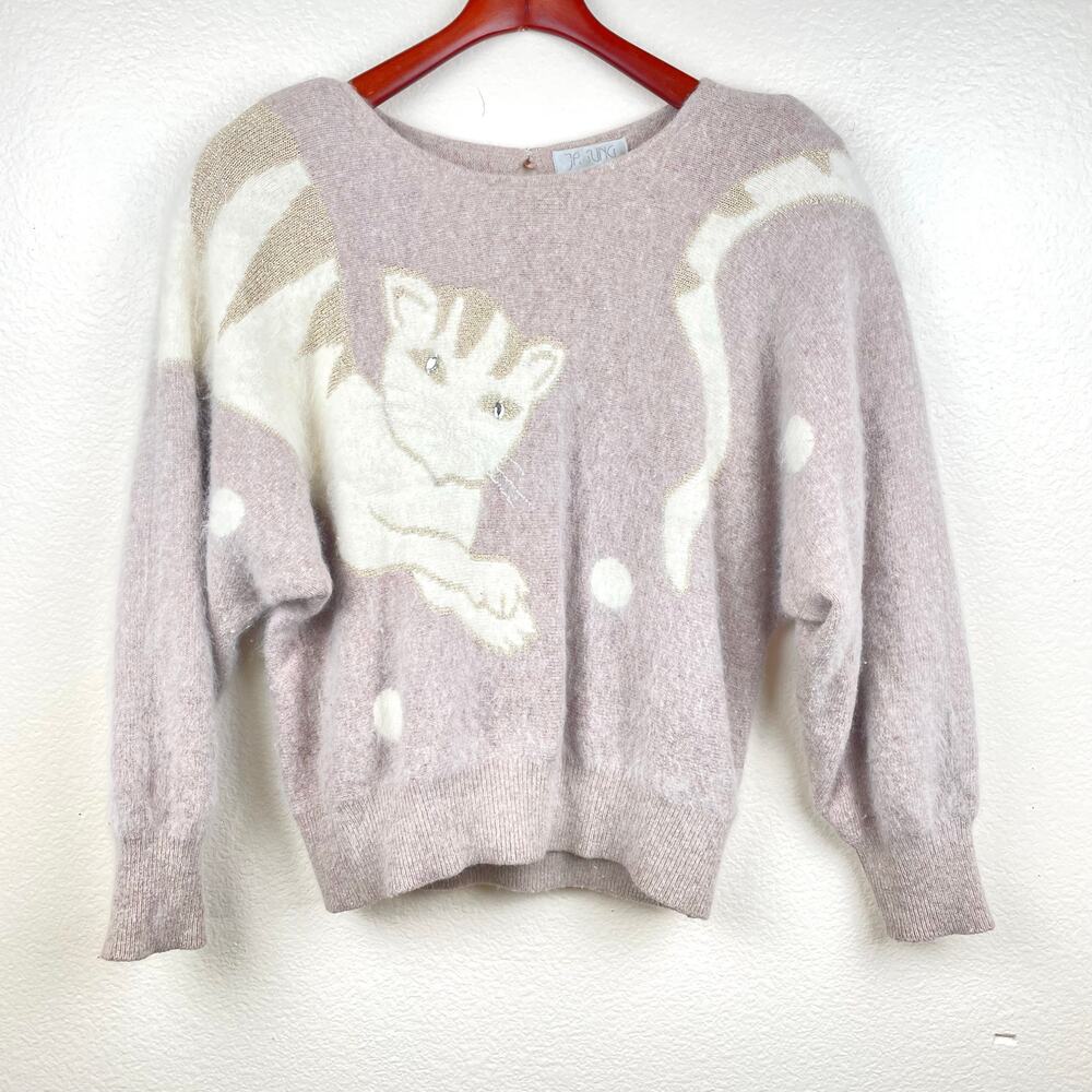 JP Sung Vintage Womans Sweater Sz‎ M Cat Mohair Rhinestone Art To Wear Artsy
